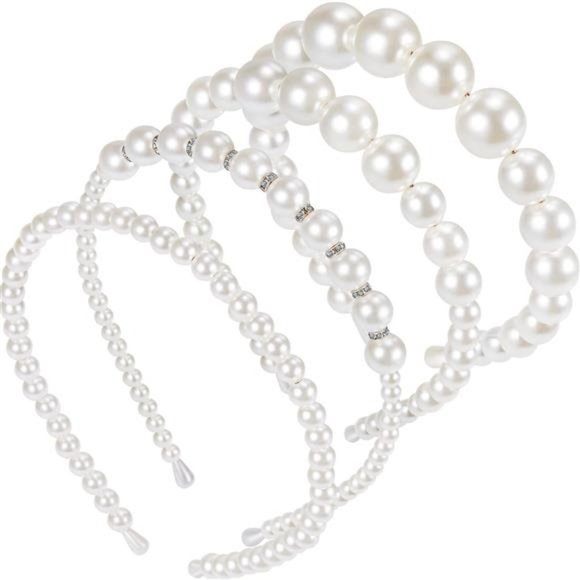 4 Pieces Pearls Headbands Women White Faux Pearl Rhinestones Hairbands Hair main image 6
